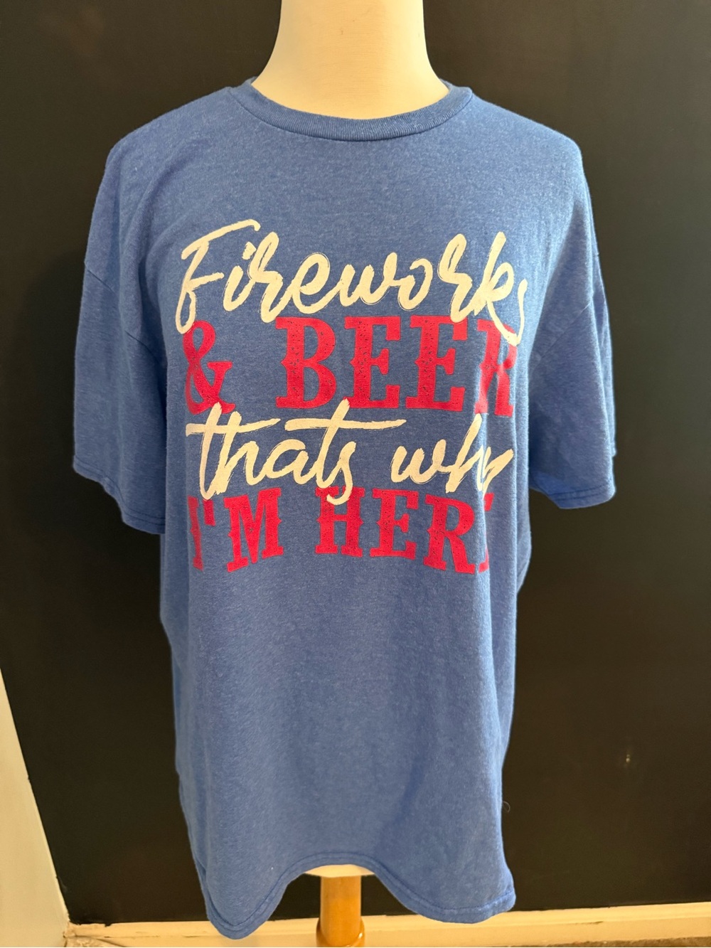 Blue Graphic Tee — "Fireworks & Beer" 4th of July size large